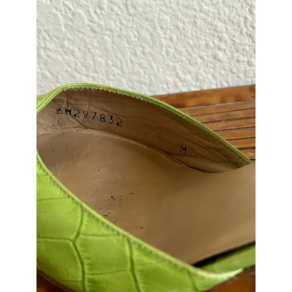 Stuart Weitzman Lime Green Croc Leather Pointed Toe Slingback Heels 8M
